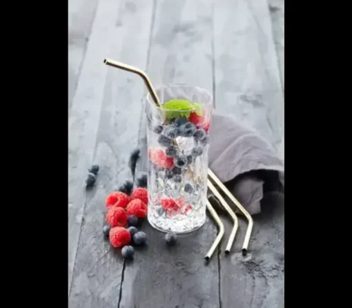 Set van 4 cocktailrietjes uit rvs goud met reinigingsborstel 20.5 cm